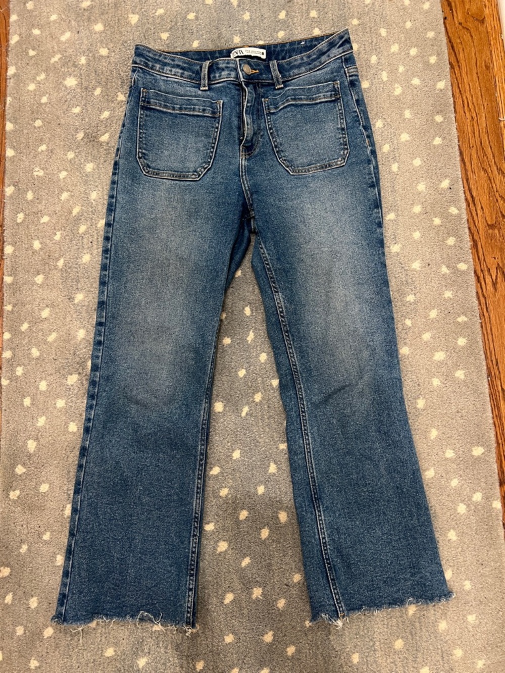 Zara Blue Straight-Leg Raw Hem Jeans